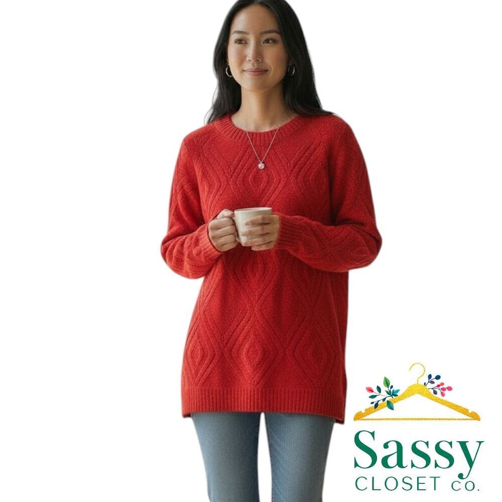 Talbots Red Diamond Knit Lightweight Sweater Split Hem MP EUC